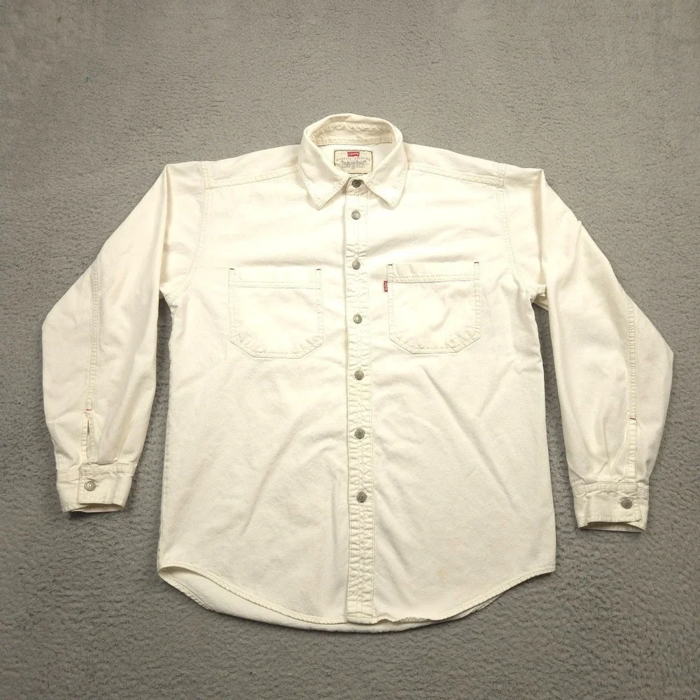 Vintage 1997 Levi's Red Tab White Denim Work Shirt Long Sleeve Metal Buttons